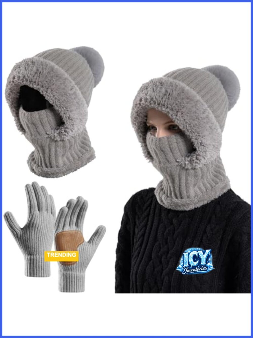 3 in 1 Women's Acrylic Beanie Scarf Mask Gloves Set Fleece Lined Winter Warm